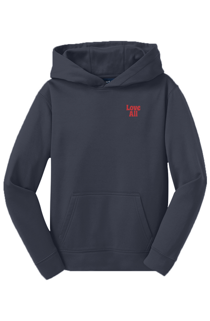 Navy hoodie with "Love All" in red text on the left side of the chest on flat white background