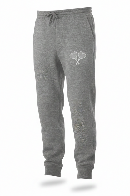 Gray sweatpants with a logo on a white background