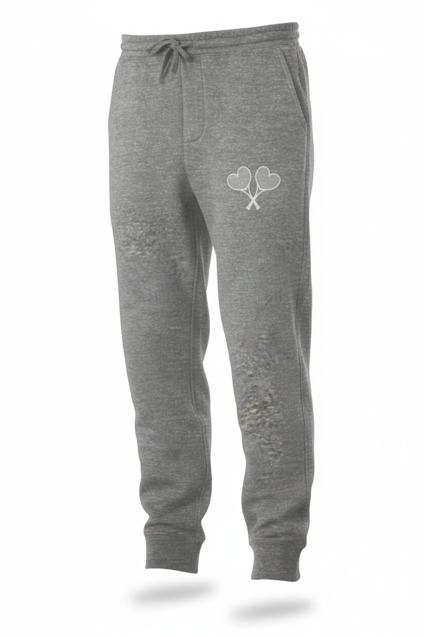 Gray sweatpants with a logo on a white background