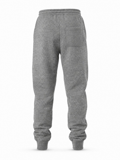A pair of heather gray sweatpants shown from the back, featuring an elastic waistband, a single back pocket, and ribbed ankle cuffs, displayed on a clean white background.