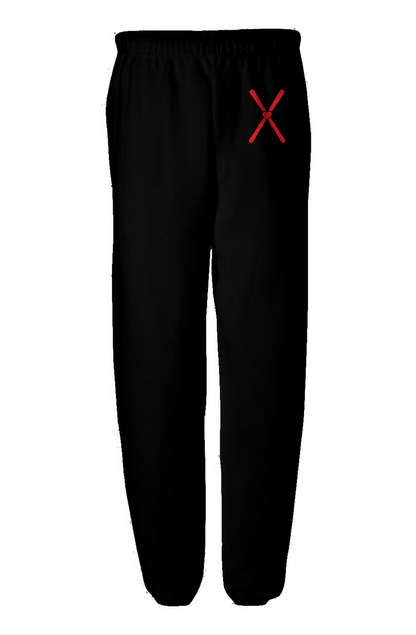 Black sweatpants with a red logo on a white background