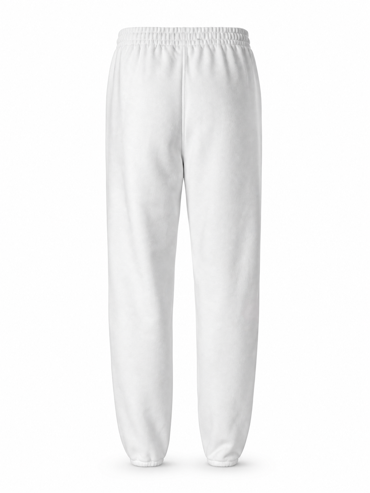 White sweatpants with an elastic waistband and tapered legs, shown from the back on a plain white background.