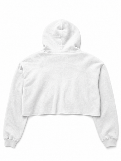 A white cropped hoodie sweatshirt shown from the back, featuring a hood, long sleeves, and ribbed cuffs, displayed on a clean white background.