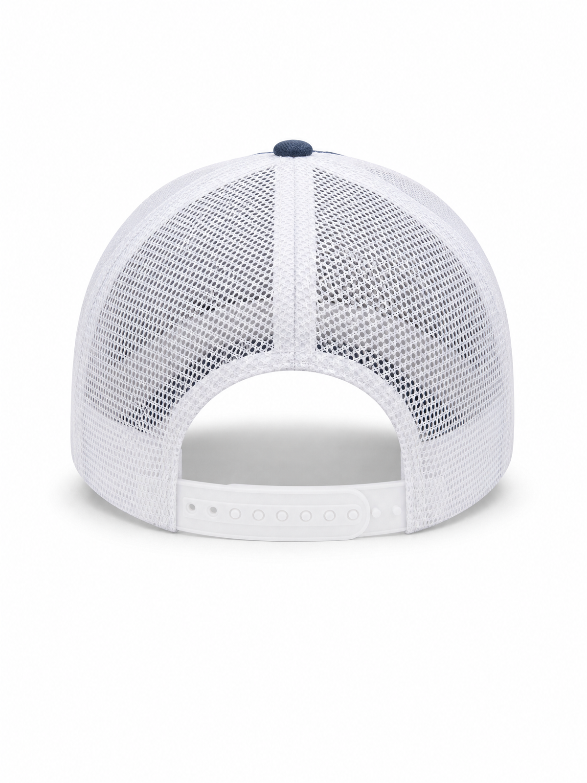 White mesh trucker cap viewed from the back, featuring a white structured front panel, adjustable snap closure, and a small navy blue button on top.