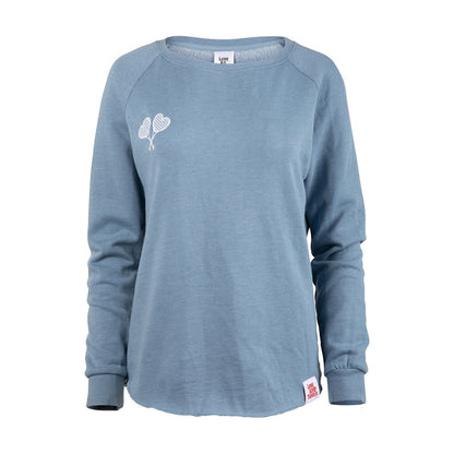 Blue long-sleeve shirt with a logo on a white background