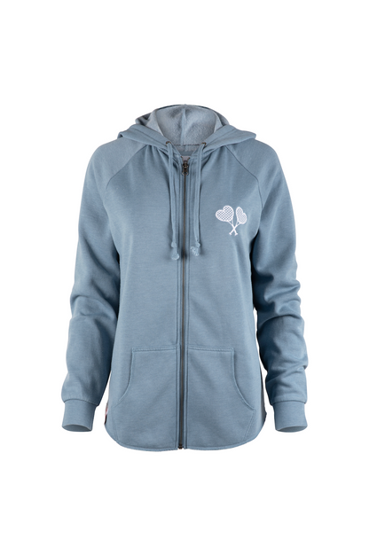 Blue hoodie with a logo on the chest against a white background