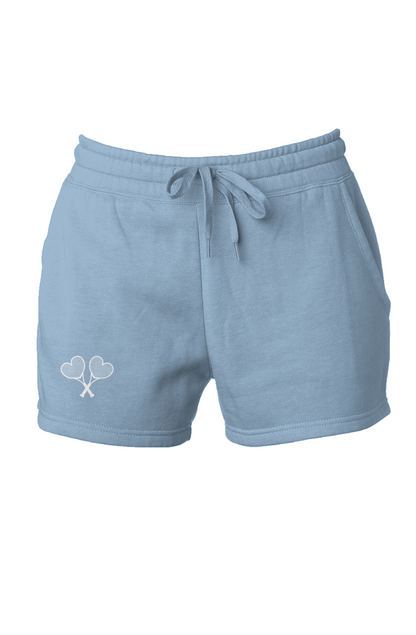 Light blue shorts with a logo on a white background