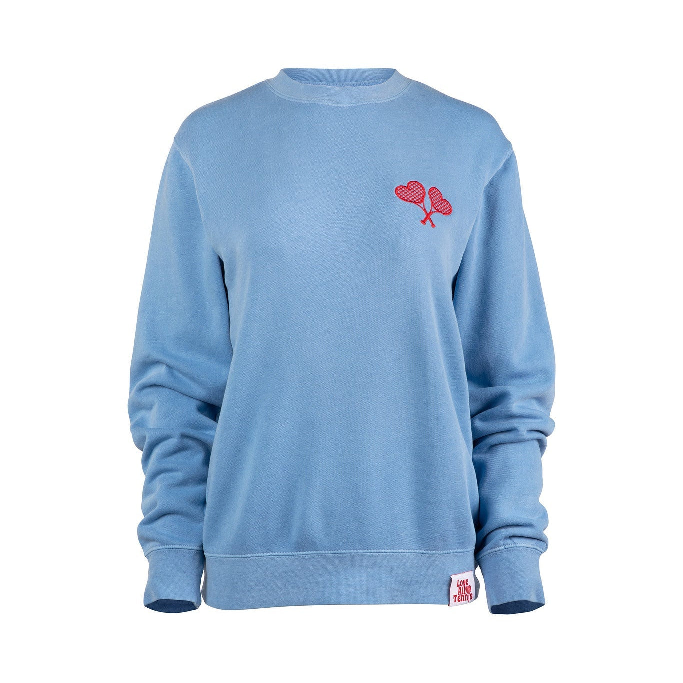 Light blue sweatshirt with a red logo on a white background