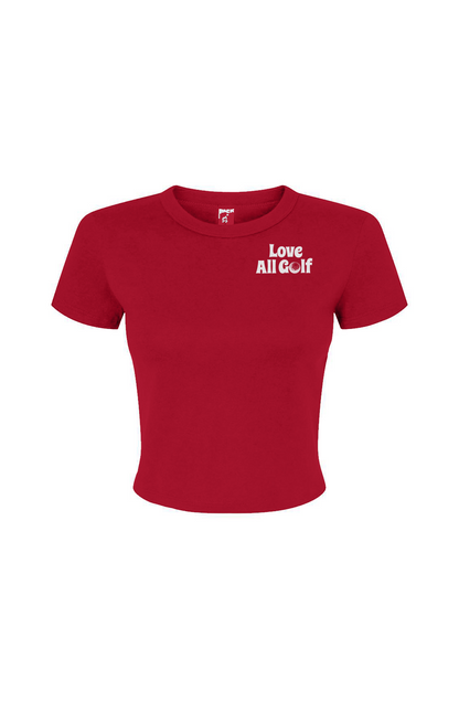 Red t-shirt with "All Love Golf" on the chest set against a white background