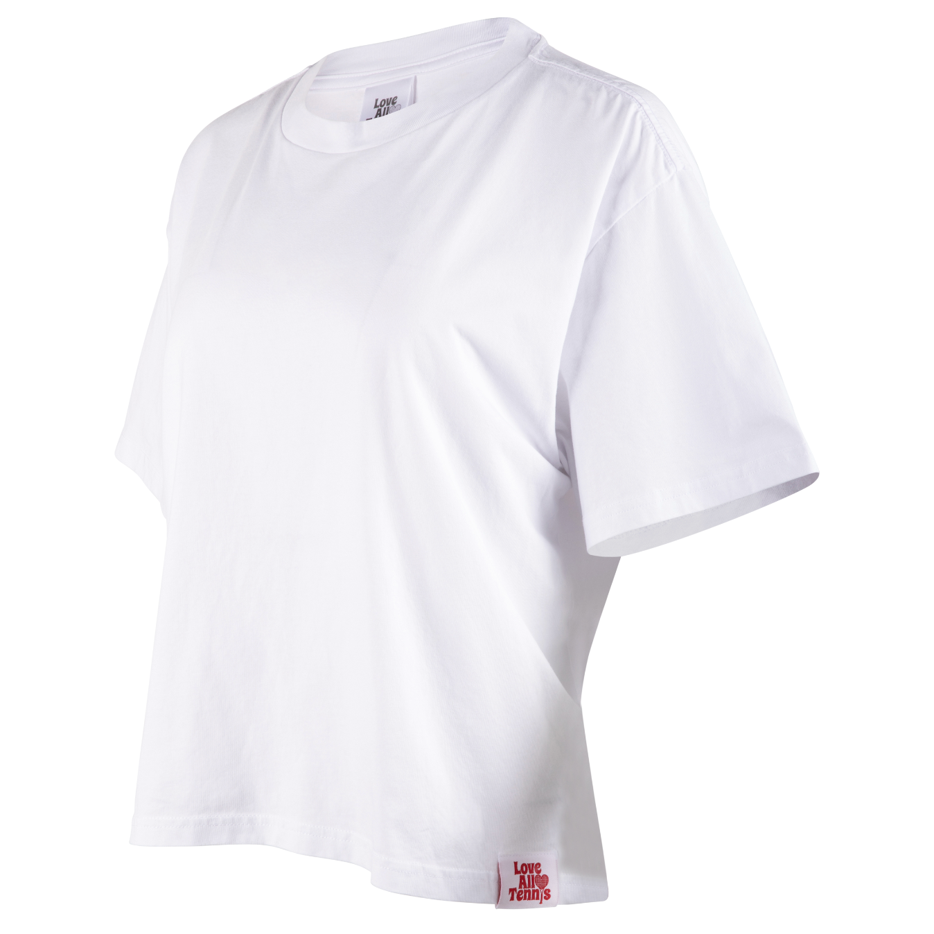 White t-shirt with a small red logo on a white background