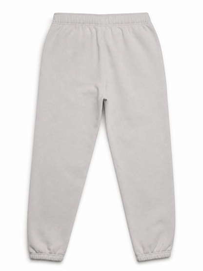 A pair of light gray sweatpants with an elastic waistband and ribbed ankle cuffs, shown flat against a white background.