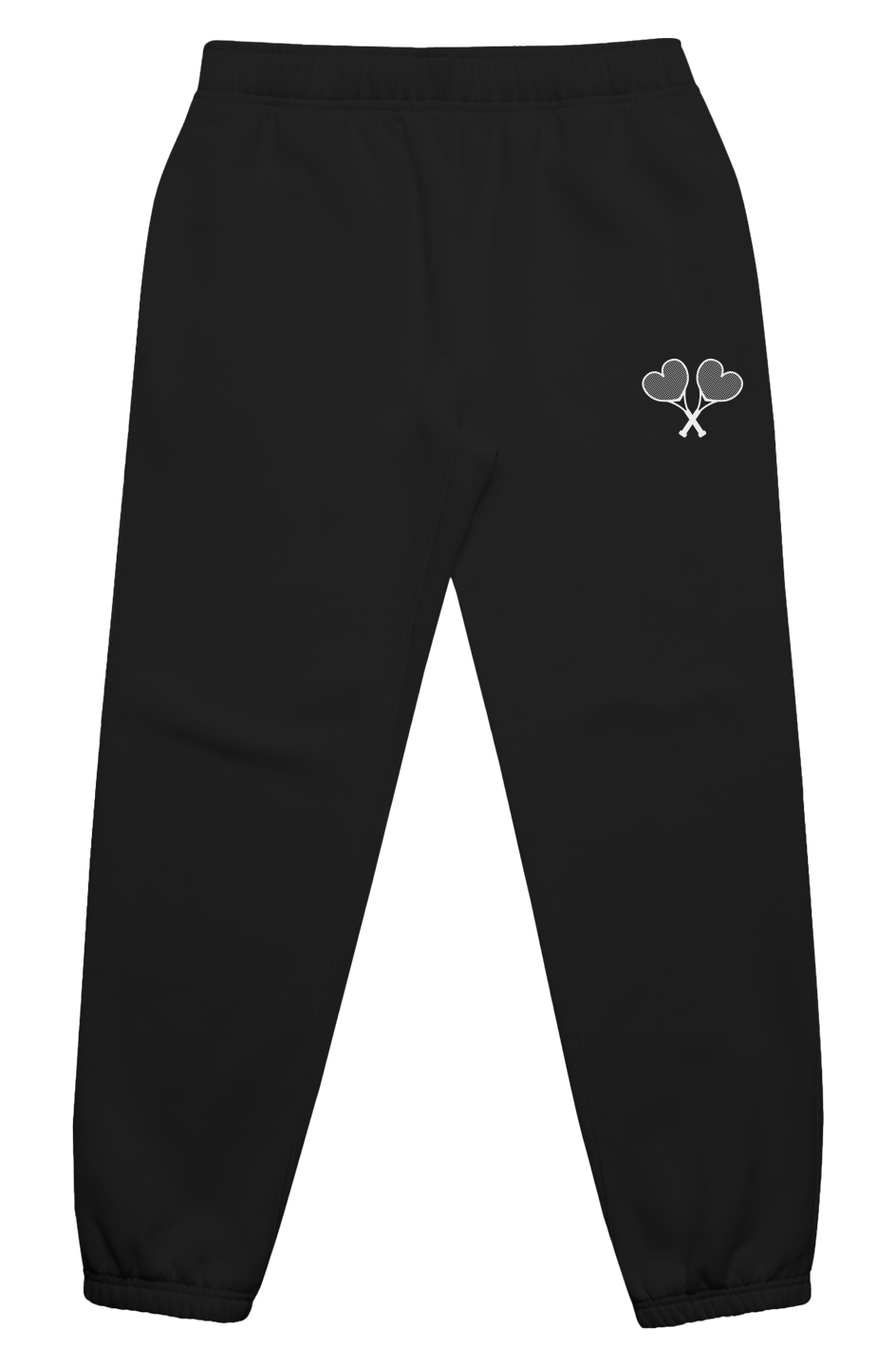 Black sweatpants with a logo on a white background