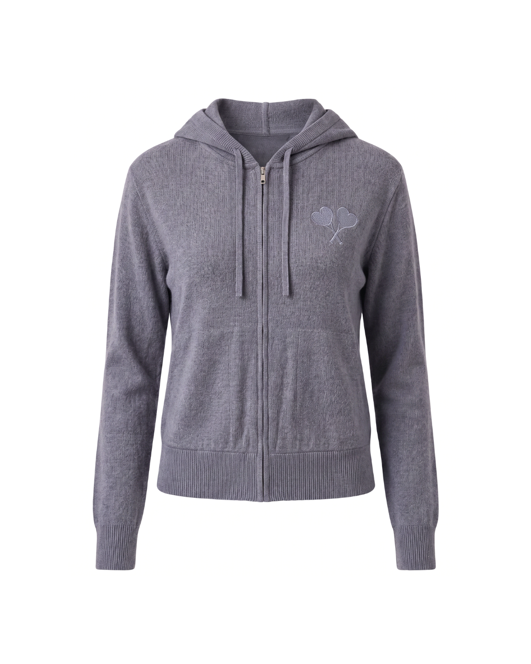 A gray zip-up hoodie with a drawstring hood, ribbed cuffs and hem, and a small tonal embroidered logo on the left chest, shown against a plain white background.