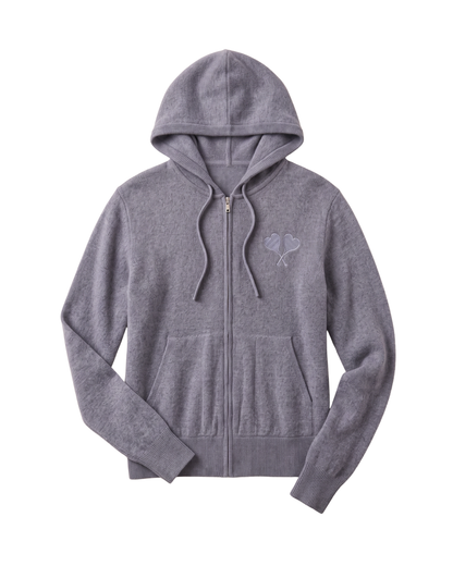 A heather gray zip-up hoodie with a small embroidered double-heart logo on the left chest, displayed on a clean white background.
