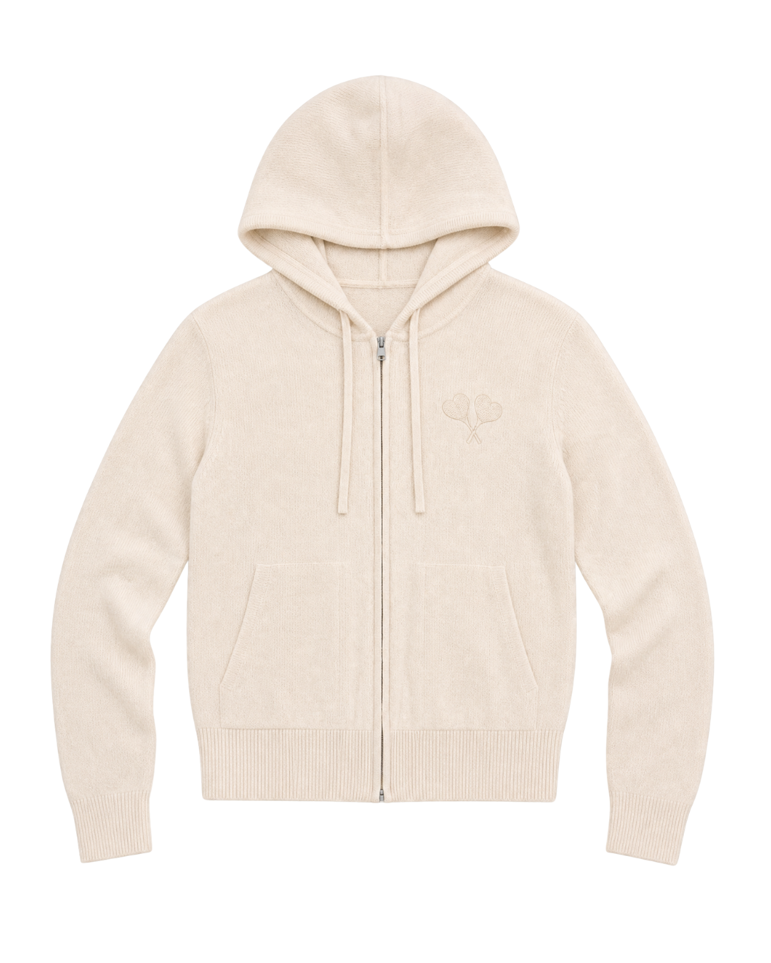 A cream-colored zip-up hoodie with a drawstring hood, kangaroo pockets, and a small tonal embroidered logo on the left chest, displayed against a solid white background.