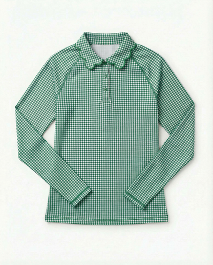 A green and white gingham long-sleeve polo shirt with a buttoned collar, laid flat against a white background.