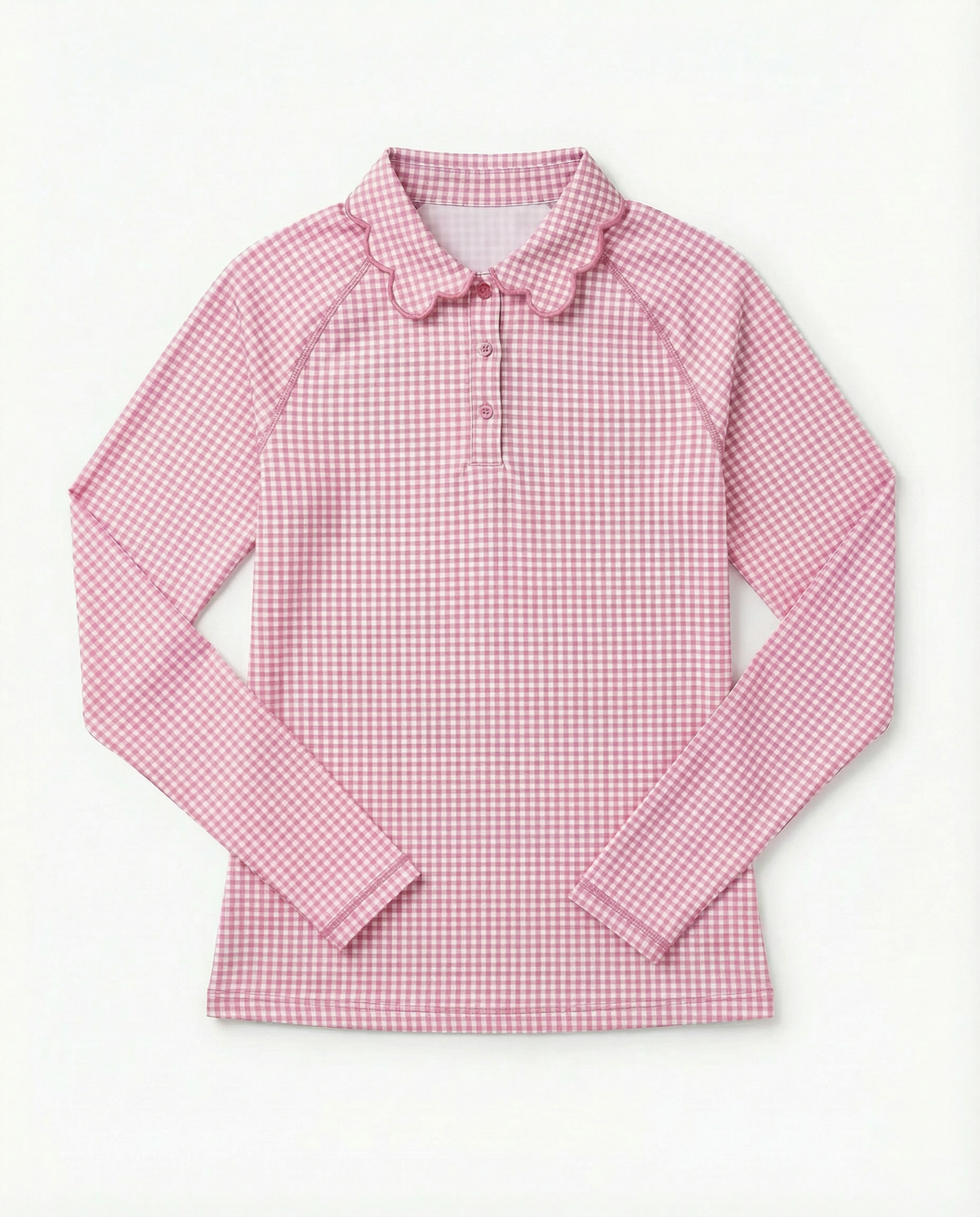 Pink and white gingham long sleeve top with peter pan scalloped collar on a flat white background