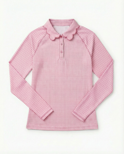 Pink and white gingham long sleeve top with peter pan scalloped collar on a flat white background