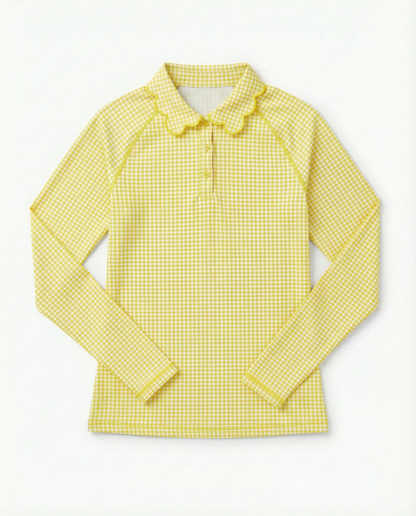 A yellow and white gingham long-sleeve collared shirt with a three-button placket, laid flat against a white background.
