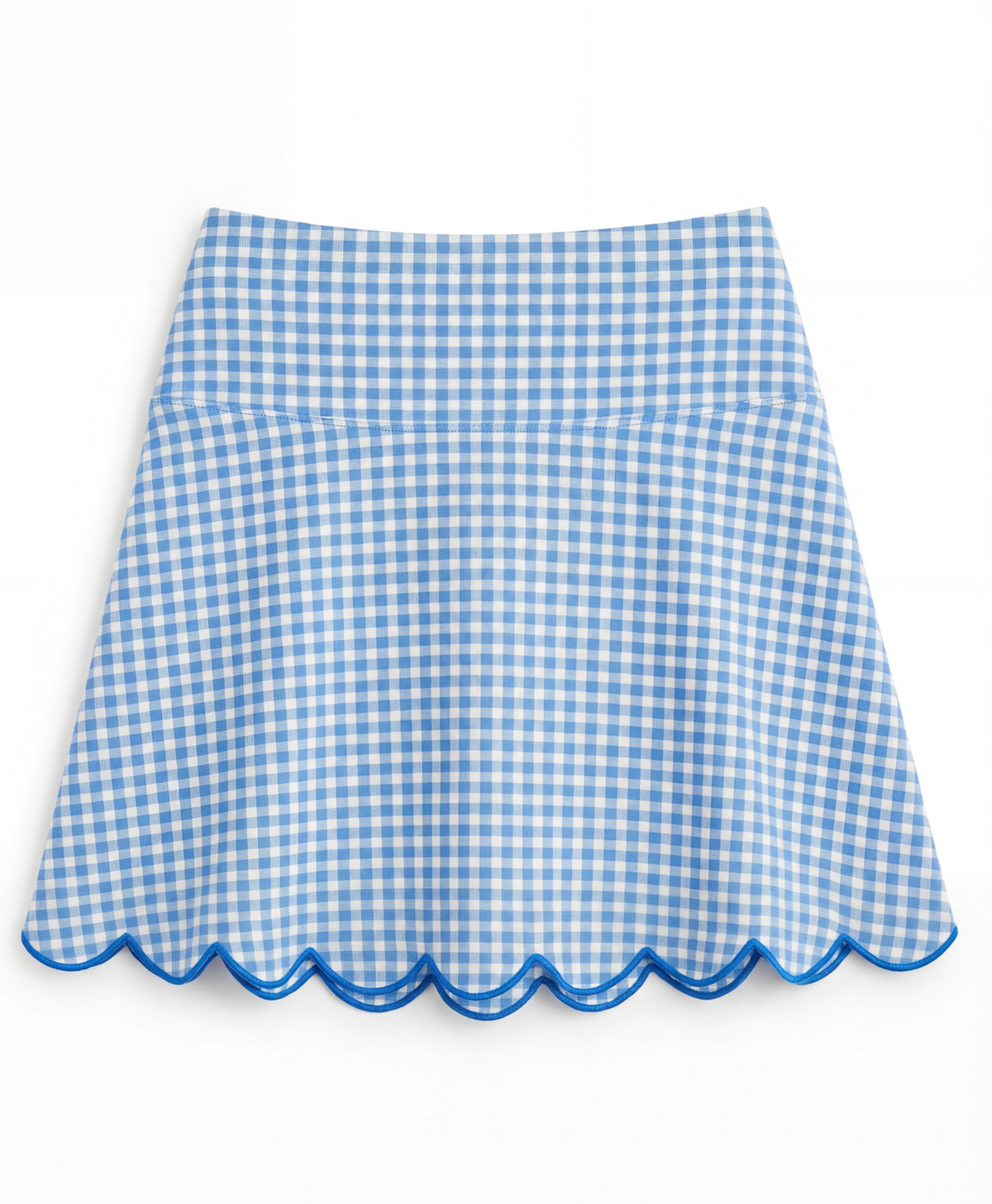 Blue and white gingham skirt with blue scalloped hem on a flat white background