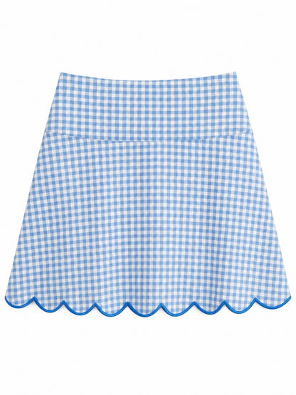 A blue and white gingham check flared skirt with a scalloped hem and solid blue waistband, shown flat against a white background.