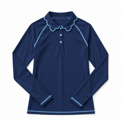 A navy blue long-sleeve polo shirt with a scalloped collar and light blue piping details, displayed flat against a white background.