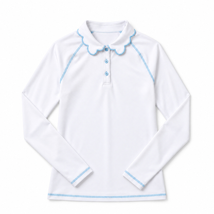 A white long-sleeve polo-style top with a scalloped Peter Pan collar, three light blue buttons, and light blue contrast stitching along the collar, sleeve cuffs, and hem, displayed flat against a white background.