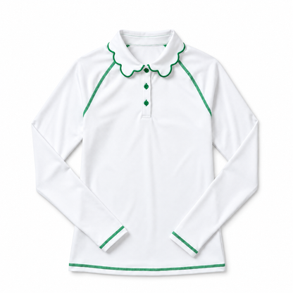White long sleeve athletic top with green trim and a peter pan collar set against a flat white background