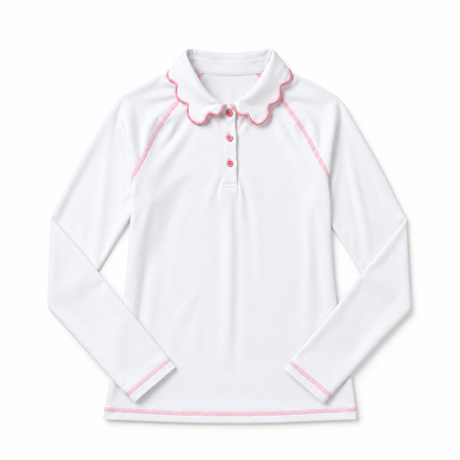 White long sleeve athletic top with a peter pan collar and pink trim set against a flat white background