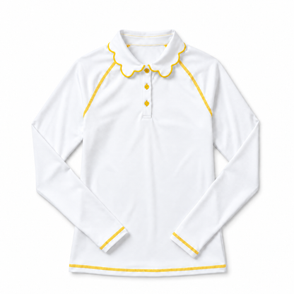 A white long-sleeve collared shirt with yellow trim details, including a scalloped collar, button placket, and sleeve cuffs, shown on a plain white background.