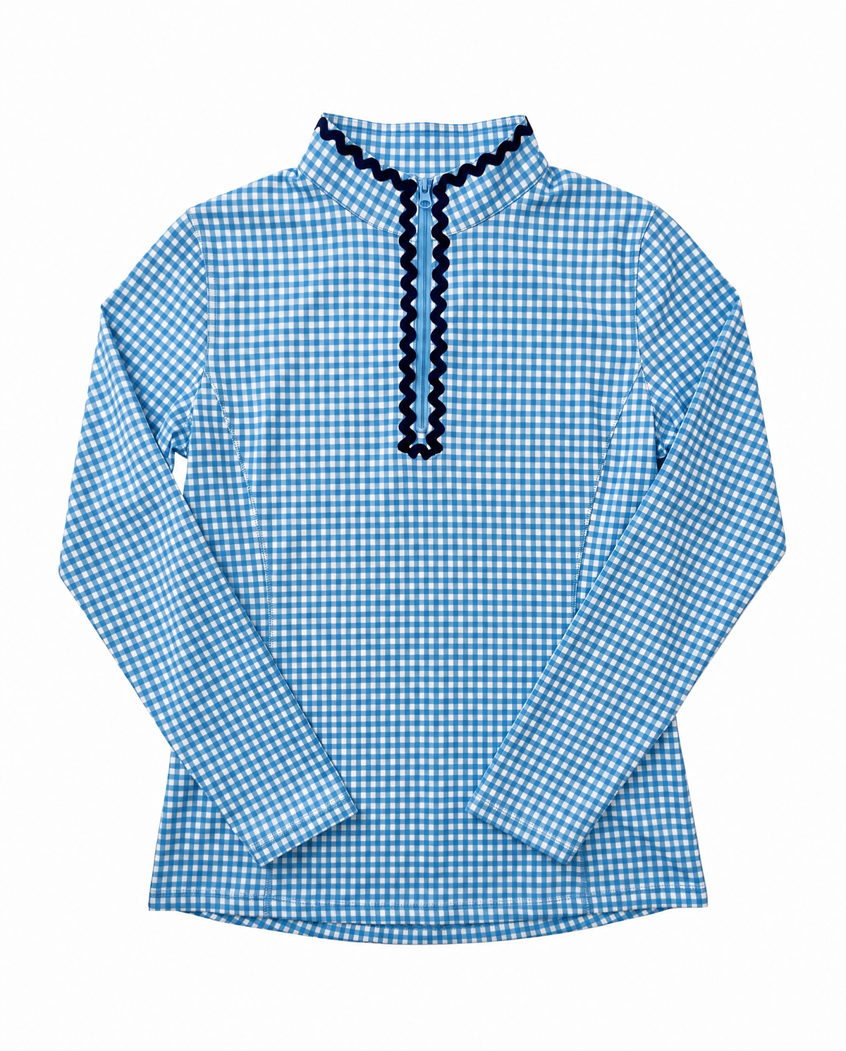 A blue and white gingham long-sleeve shirt with a mock neck and a dark blue scalloped trim along the placket, shown flat on a white background.