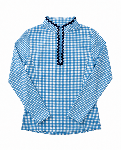 A blue and white gingham long-sleeve shirt with a mock neck and a dark blue scalloped trim along the placket, shown flat on a white background.