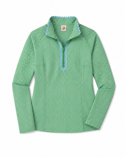 A green and white gingham long-sleeve quarter-zip pullover with a light blue scalloped trim along the collar and zipper placket, shown flat on a white background.