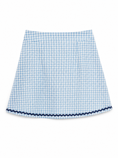 A light blue and white gingham mini skirt with a navy blue scalloped trim along the hem, displayed flat against a white background.