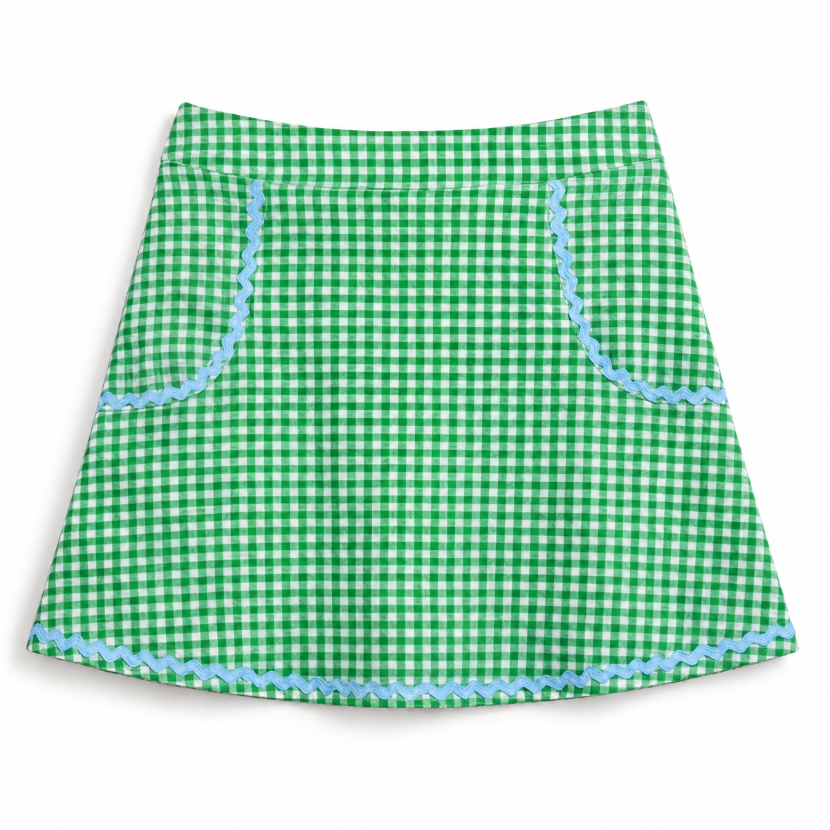 Green and white gingham checkered apron with light blue scalloped trim on the pocket edges and bottom hem, shown flat against a white background.
