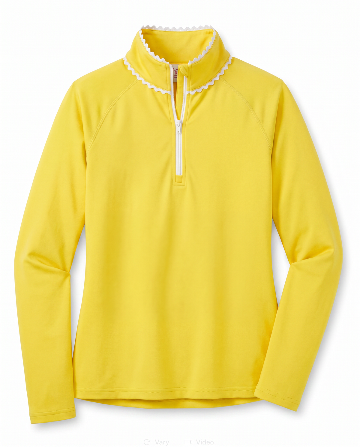 A bright yellow long-sleeve quarter-zip pullover top with a white scalloped trim along the collar, displayed on a clean white background.