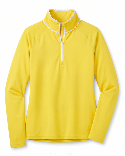 A bright yellow long-sleeve quarter-zip pullover top with a white scalloped trim along the collar, displayed on a clean white background.