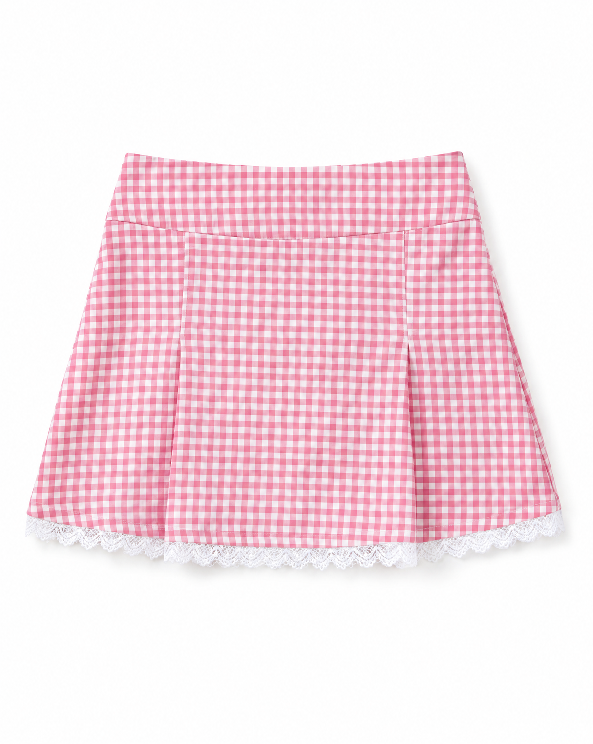A pink and white gingham pleated mini skirt with a white lace hem, shown flat against a white background.