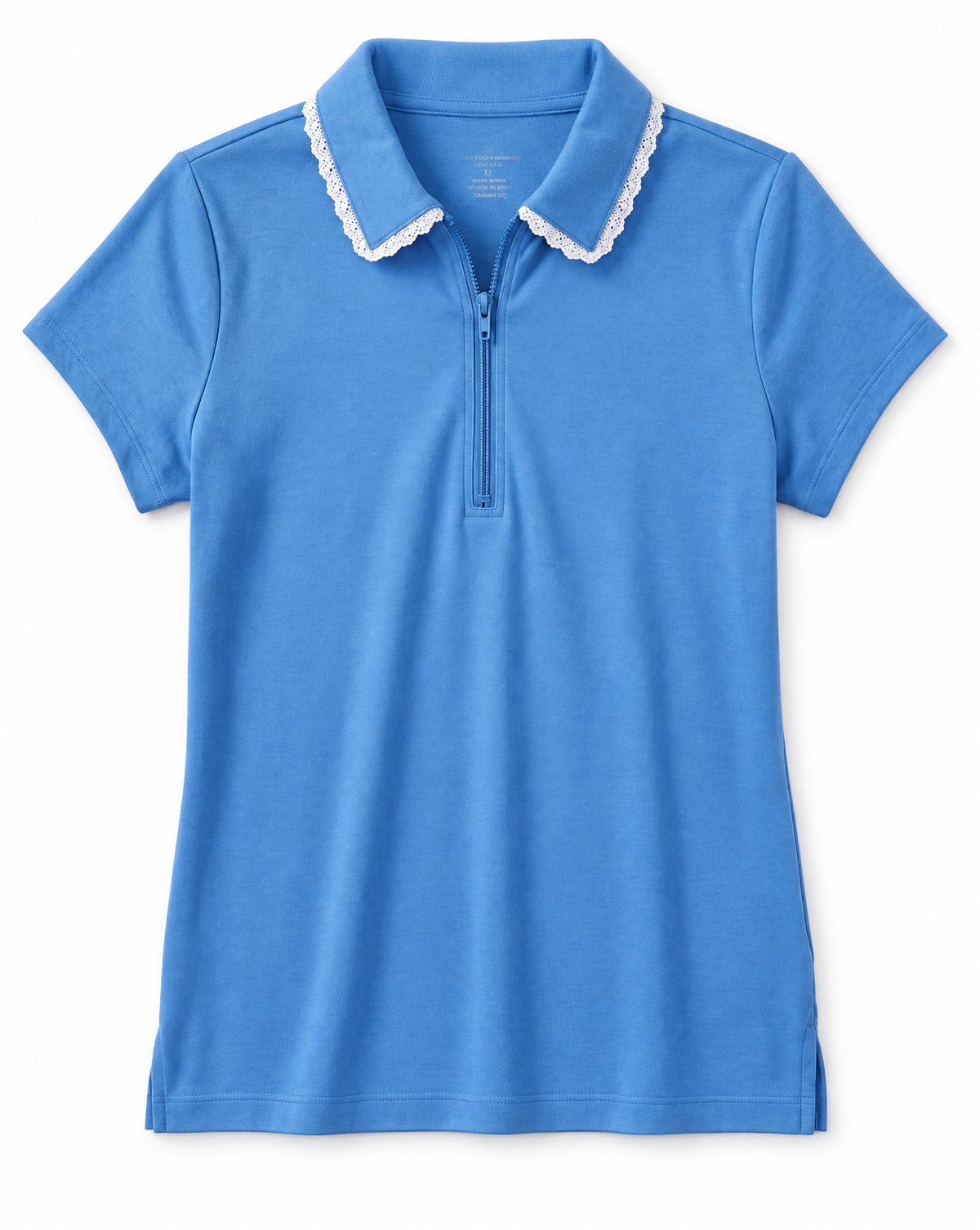 A women's short-sleeve polo shirt in medium blue, featuring a half-zip neckline and a decorative white scalloped lace trim along the collar, shown against a plain white background.