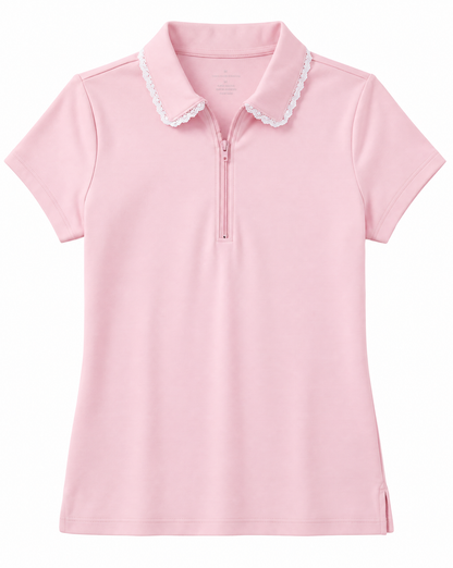 A light pink short-sleeve polo shirt with a half-zip neckline and a white scalloped lace trim along the collar, shown against a plain white background.