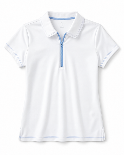 A white short-sleeve polo shirt with a half-zip collar, featuring light blue trim along the zipper, collar lining, sleeve edges, and hem.