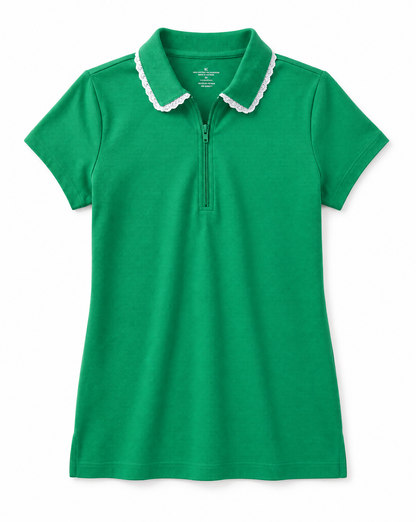 A green short-sleeve polo shirt with a half-zip neckline and a white scalloped collar trim, shown flat against a white background.