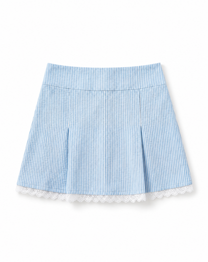 A light blue and white vertically striped pleated skirt with a white lace trim at the hem, shown flat against a white background.
