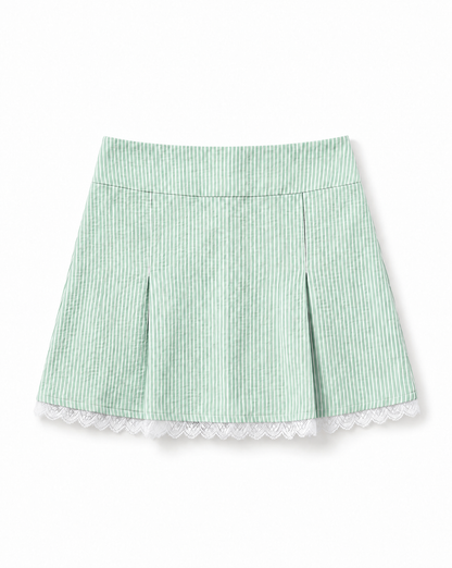 A light green and white vertically striped pleated skirt with a white lace hem, shown flat against a white background.