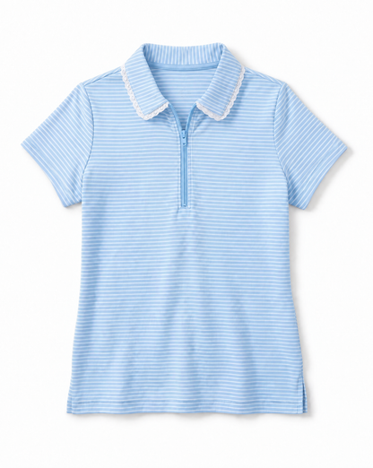 A light blue and white striped short-sleeve polo shirt with a half-zip collar and white lace trim, shown flat against a white background.