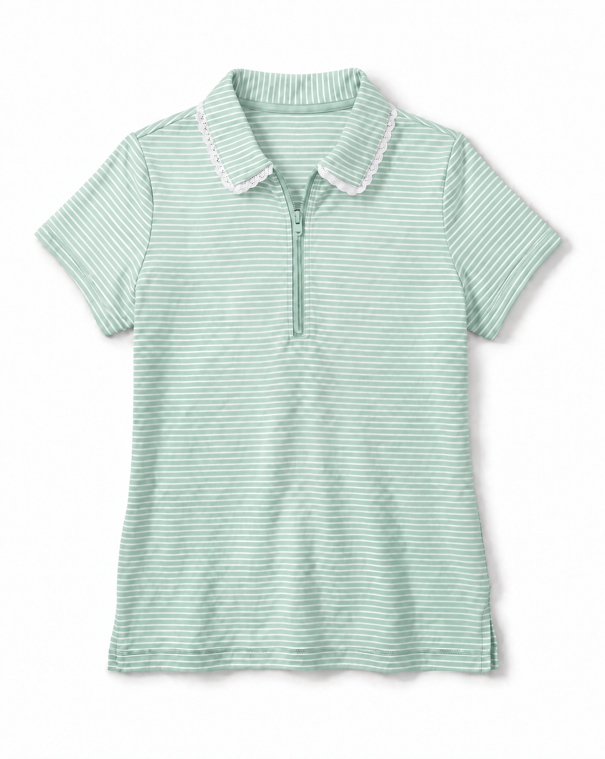 A light green and white striped short-sleeve polo shirt with a half-zip neckline and a white ruffled collar, displayed against a plain white background.