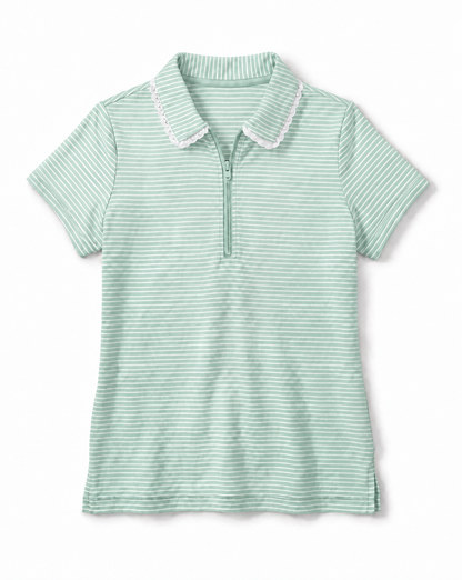 A light green and white striped short-sleeve polo shirt with a half-zip neckline and a white ruffled collar, displayed against a plain white background.