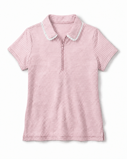 A pink and white striped short-sleeve polo shirt with a half-zip neckline and a white scalloped collar, shown flat against a white background.