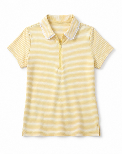 A short-sleeve polo shirt with fine yellow and white horizontal stripes, featuring a white ruffled collar and a short front zipper.