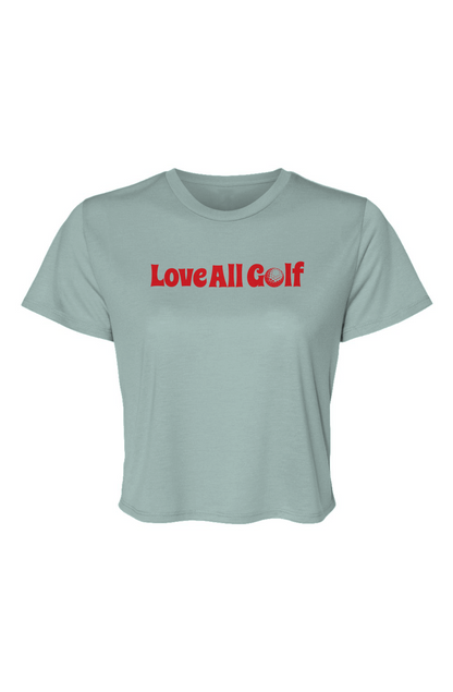 Blue t-shirt with "Love All Golf" on the front in red text on a flat white background